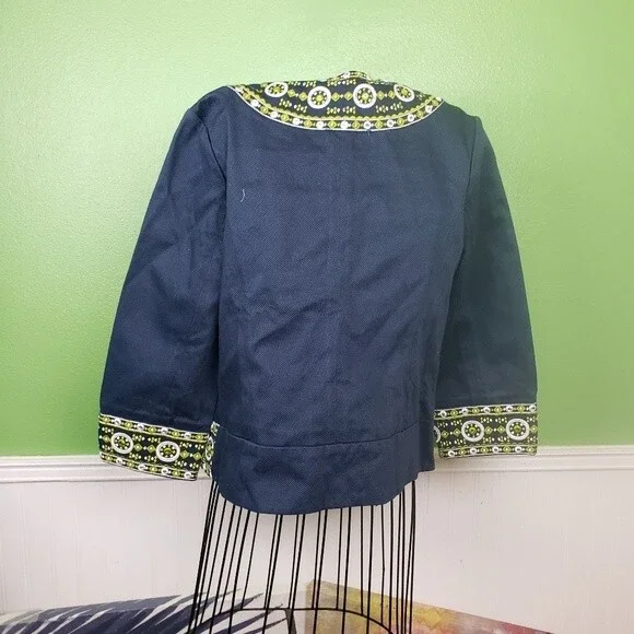 Victor Costa Womans Navy Blue Cotton Green Geometric Embroidered Jacket size sm - Picture 9 of 11